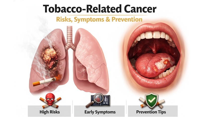 Medical illustration showing lung damage and oral lesions caused by tobacco-related cancer